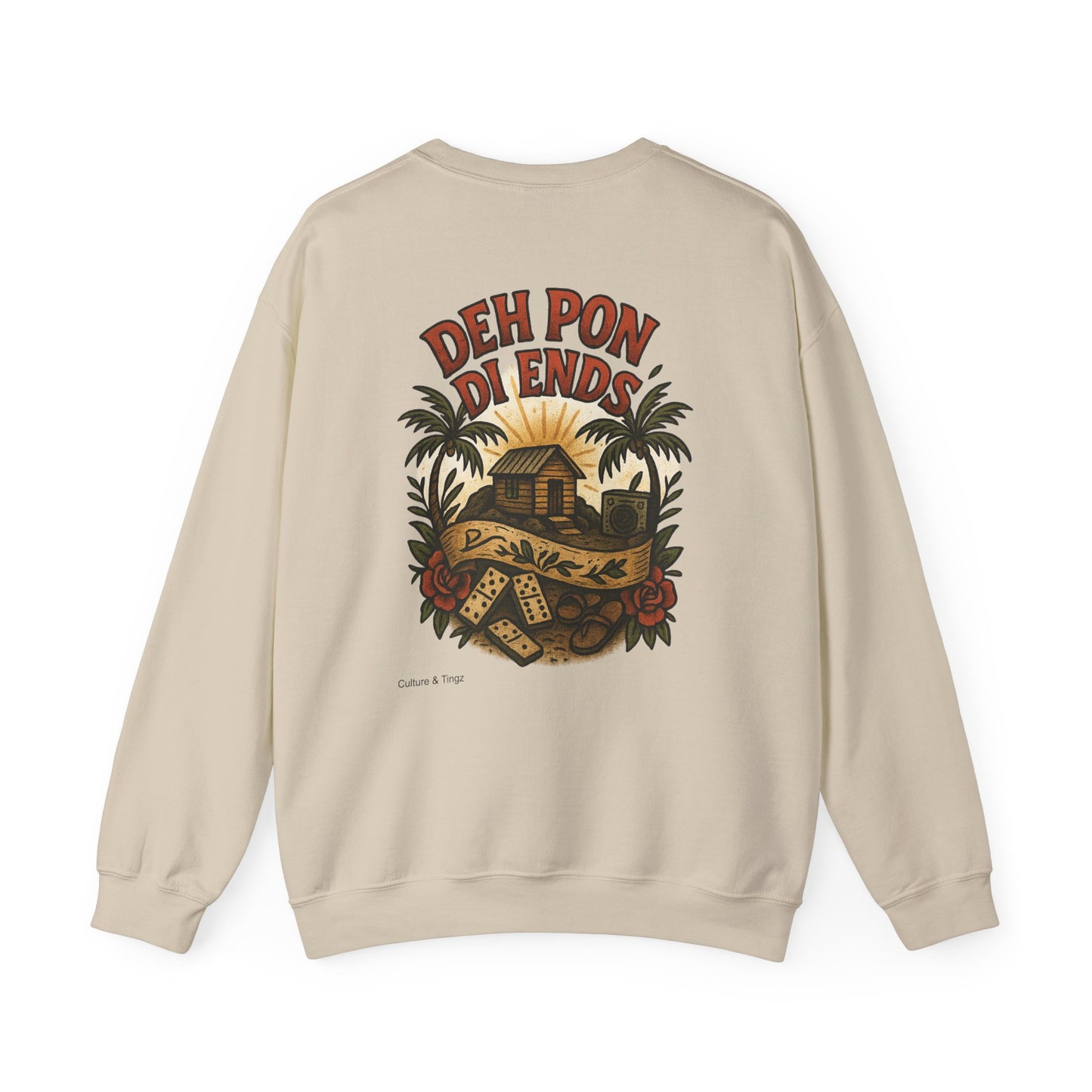 Deh Pon Di Ends - Unisex Crewneck Sweater (Letterwork Front, Artwork Back)