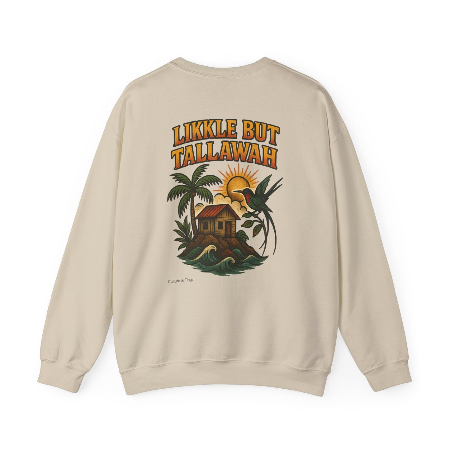 Likkle but Tallawah - Unisex Crewneck Sweater (Letterwork Front, Full Artwork Back)