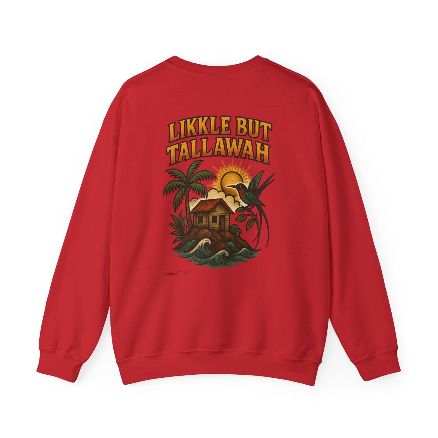 Likkle but Tallawah - Unisex Crewneck Sweater (Letterwork Front, Full Artwork Back)