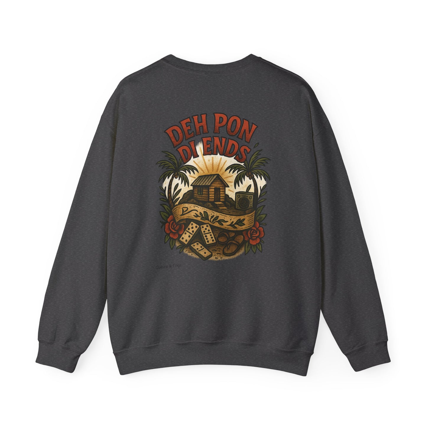 Deh Pon Di Ends - Unisex Crewneck Sweater (Letterwork Front, Artwork Back)