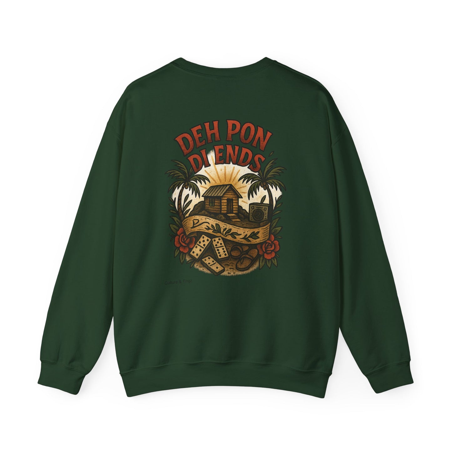 Deh Pon Di Ends - Unisex Crewneck Sweater (Letterwork Front, Artwork Back)