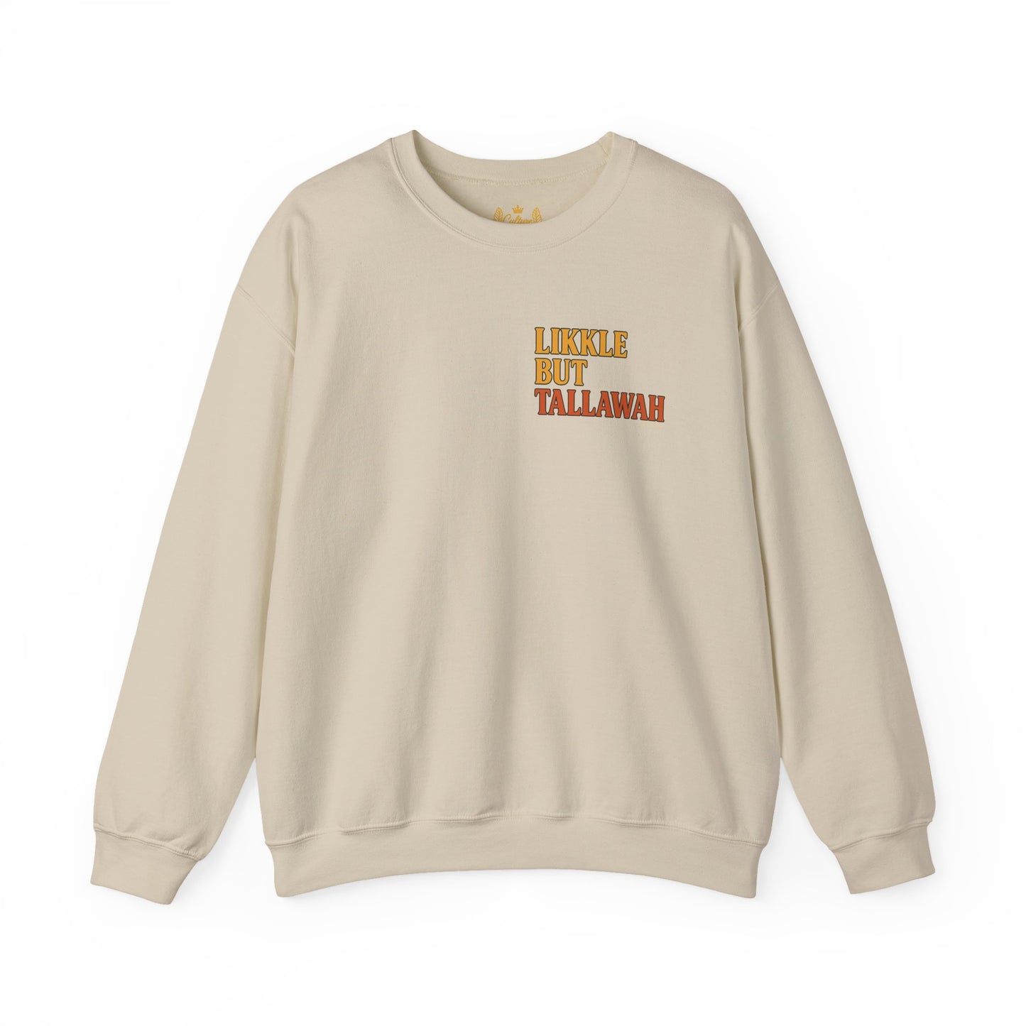 Likkle but Tallawah - Unisex Crewneck Sweater (Letterwork Front, Full Artwork Back)