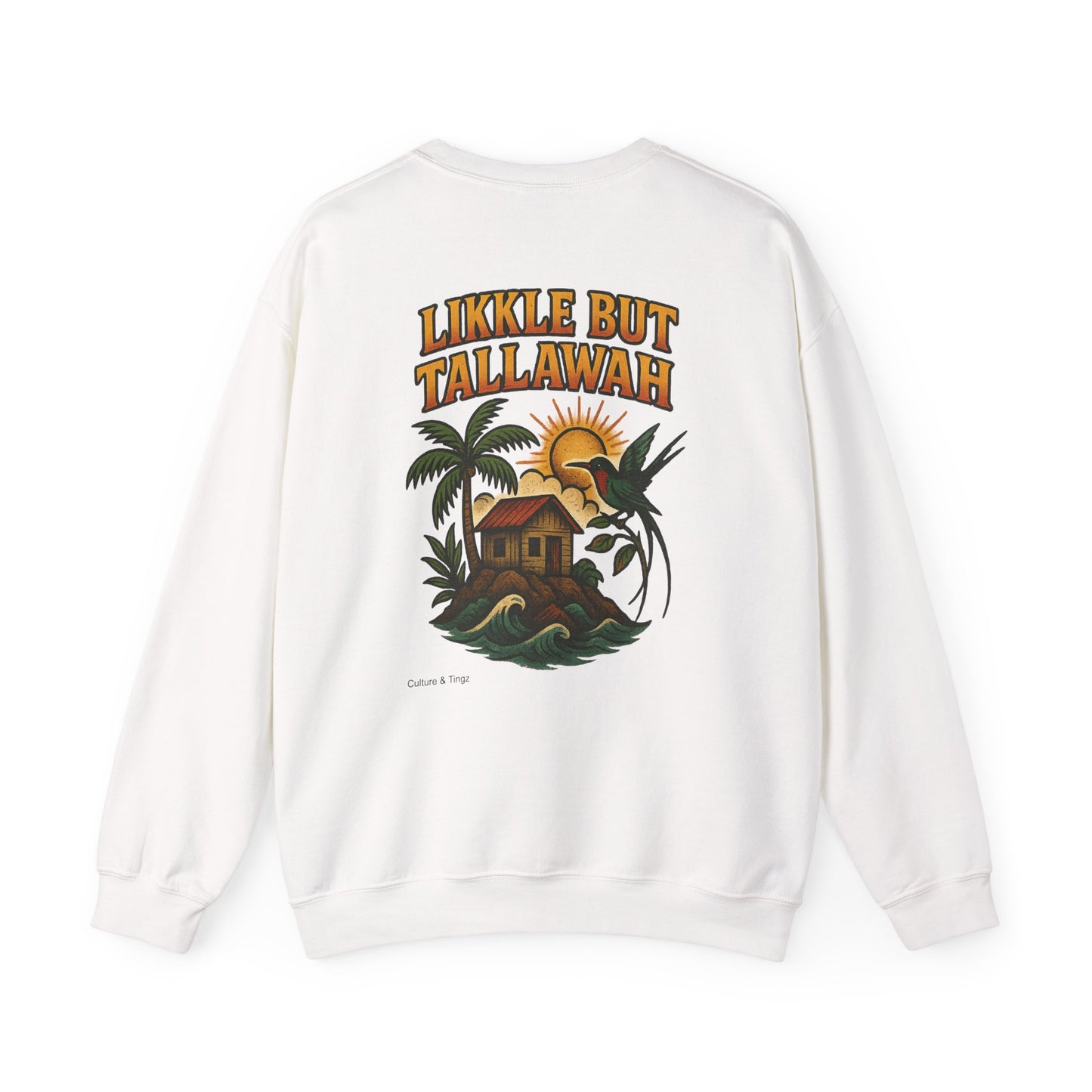 Likkle but Tallawah - Unisex Crewneck Sweater (Letterwork Front, Full Artwork Back)