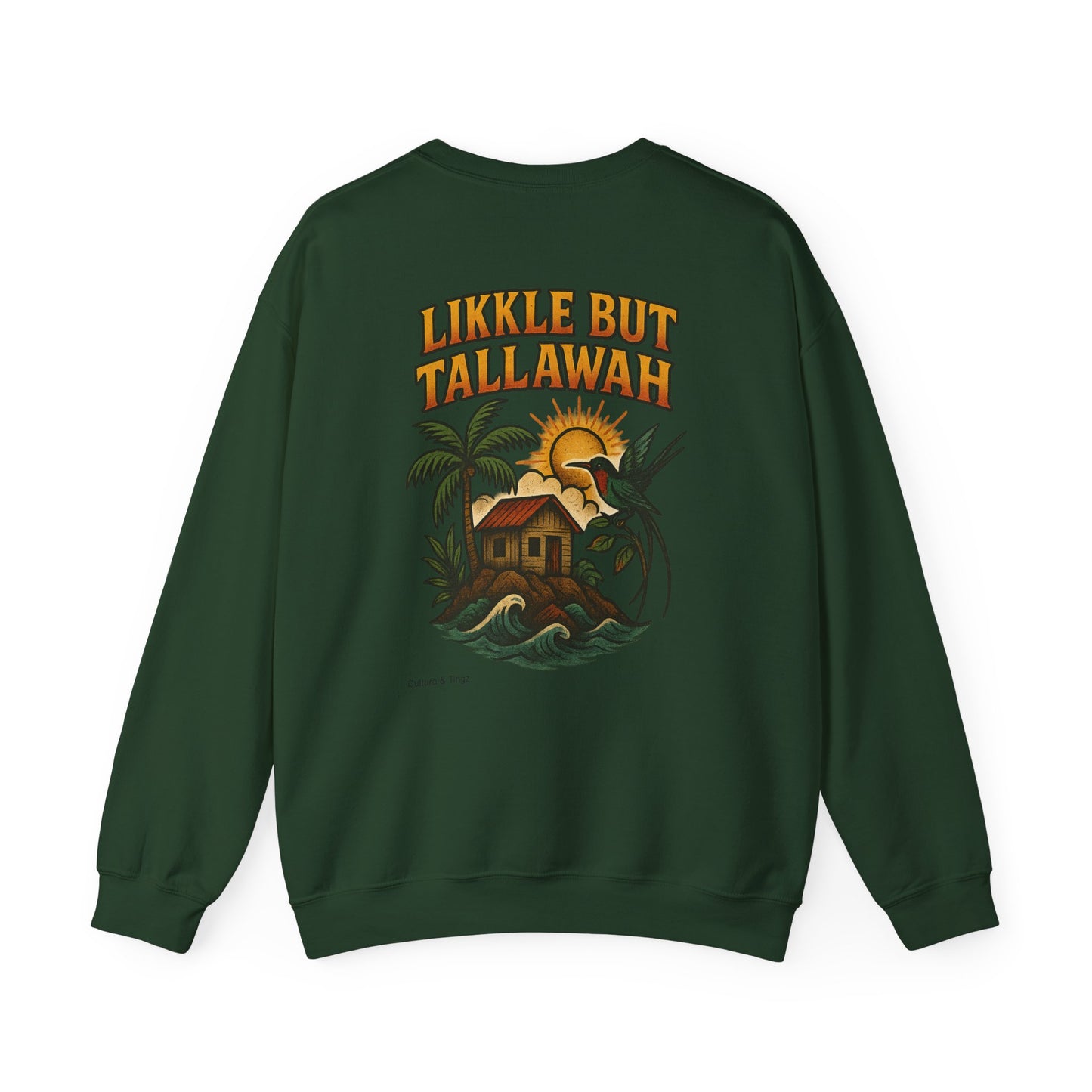Likkle but Tallawah - Unisex Crewneck Sweater (Letterwork Front, Full Artwork Back)