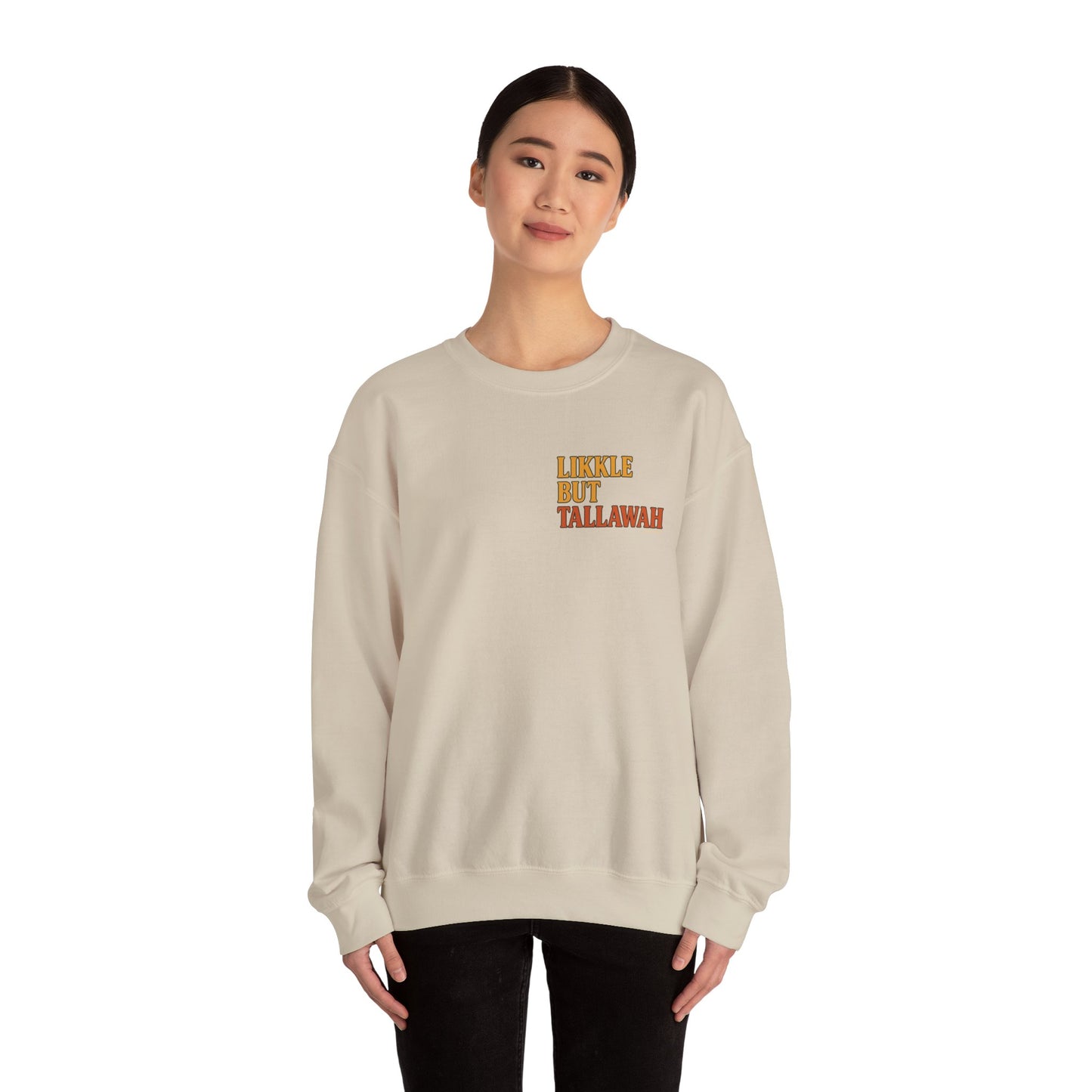 Likkle but Tallawah - Unisex Crewneck Sweater (Letterwork Front, Full Artwork Back)