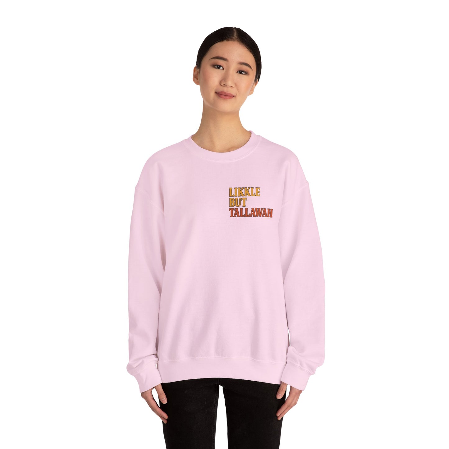 Likkle but Tallawah - Unisex Crewneck Sweater (Letterwork Front, Full Artwork Back)
