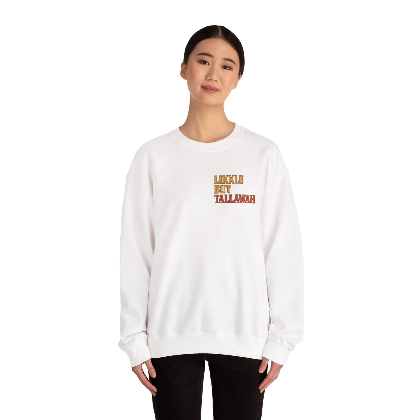 Likkle but Tallawah - Unisex Crewneck Sweater (Letterwork Front, Full Artwork Back)