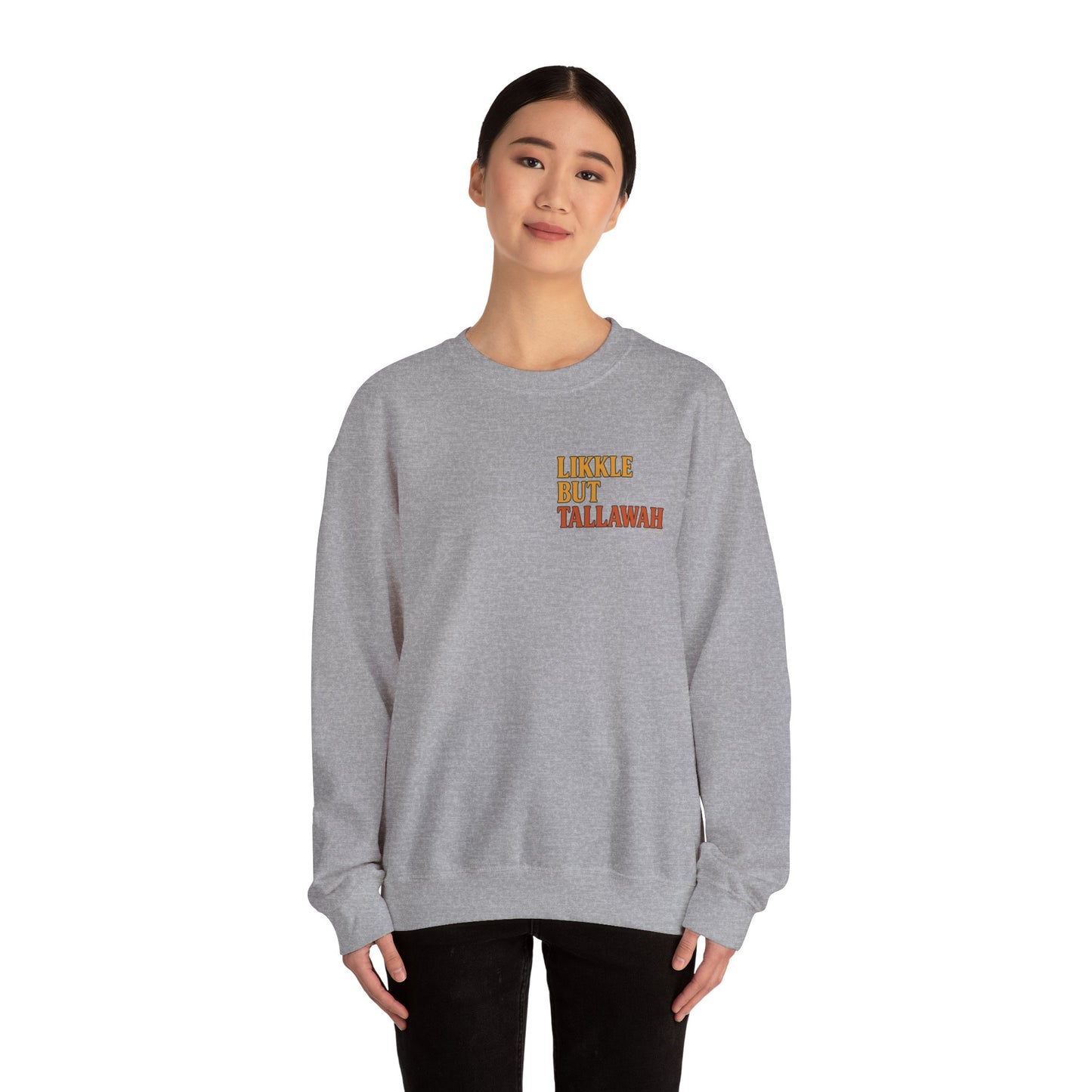 Likkle but Tallawah - Unisex Crewneck Sweater (Letterwork Front, Full Artwork Back)