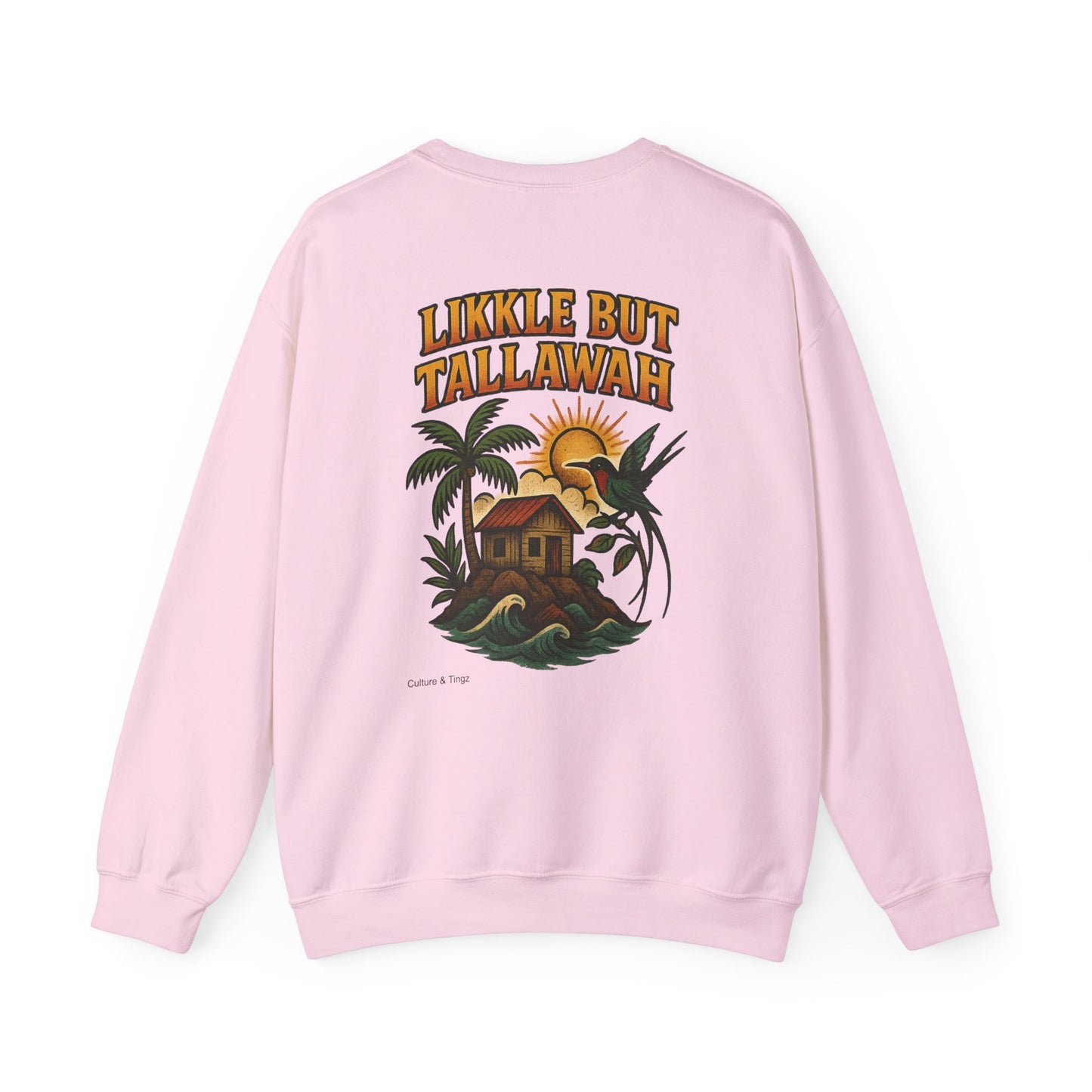 Likkle but Tallawah - Unisex Crewneck Sweater (Letterwork Front, Full Artwork Back)